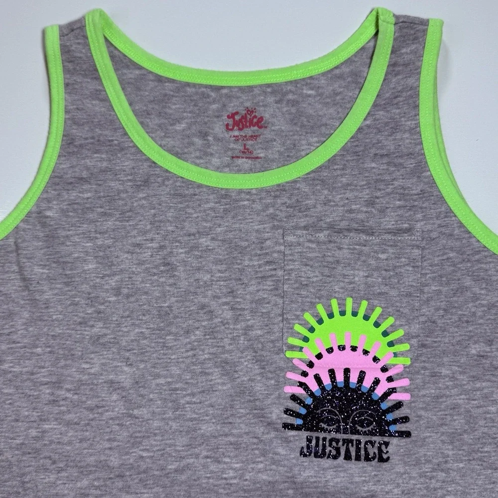 Justice Girls Grey Tank Top Neon Green Trim Graphic Pocket Size L 12/14